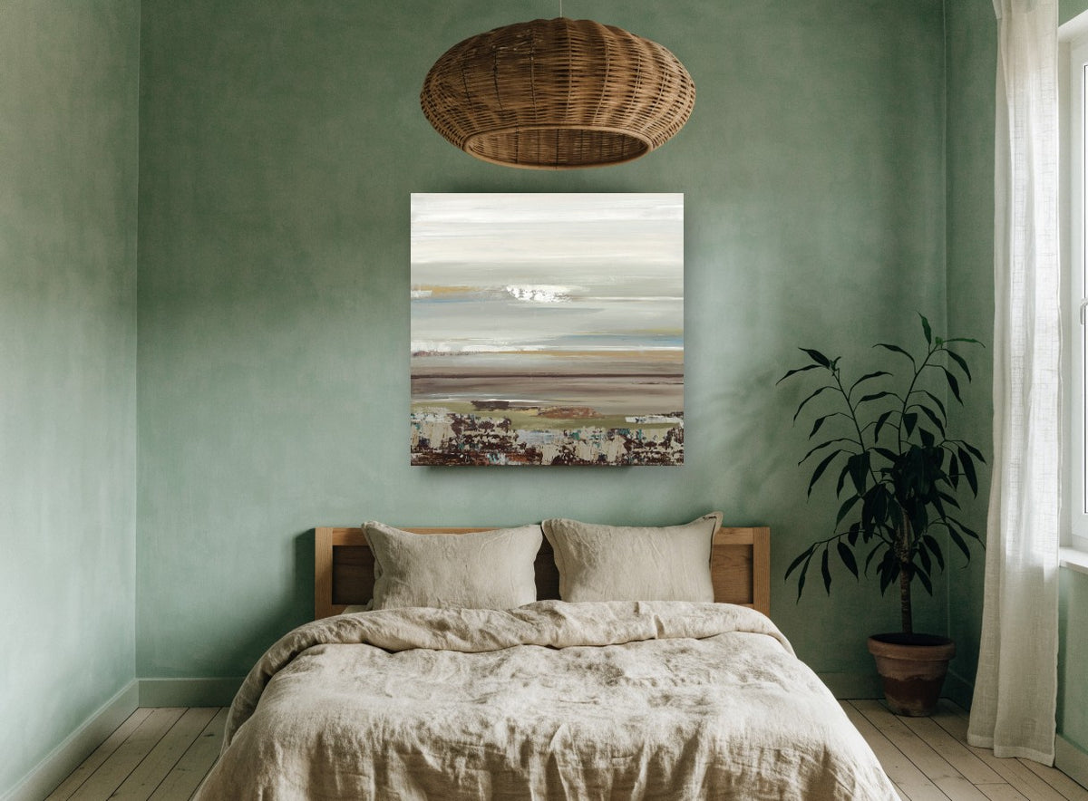 Quiet Shoreline Bands coastal canvas print on the wall of a bedroom