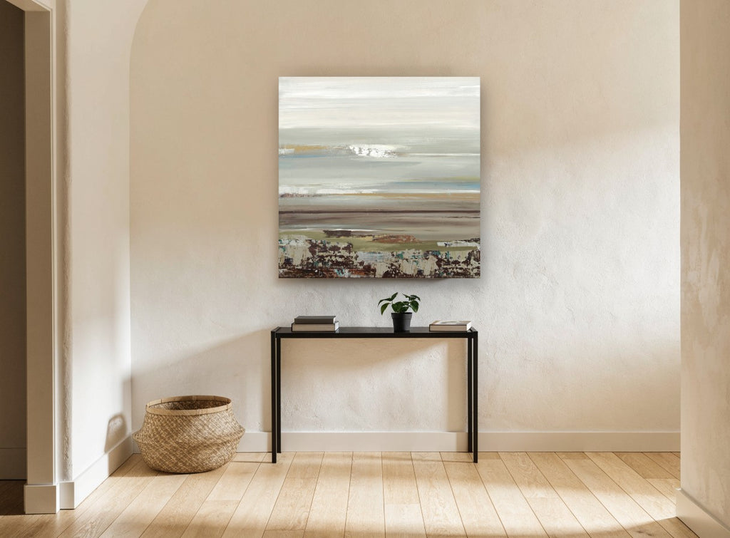Quiet Shoreline Bands coastal canvas print on the wall of a hallway