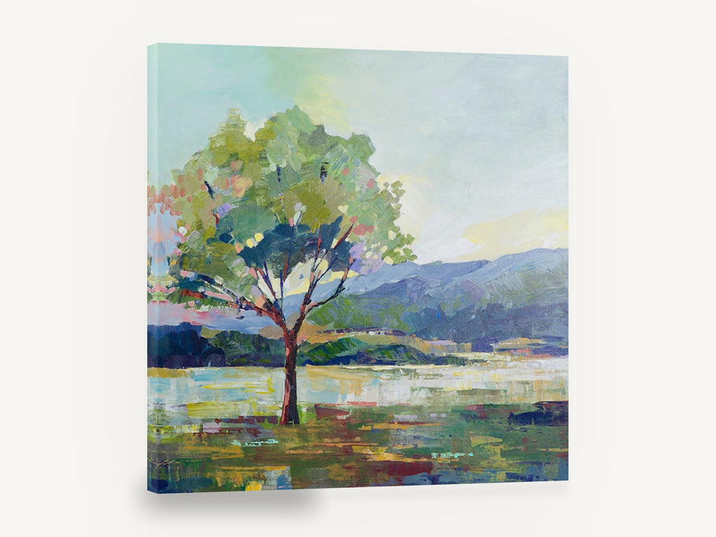 Lone Tree Lakeside, lone tree mountain lake painting, landscape canvas wall art print ready to hang