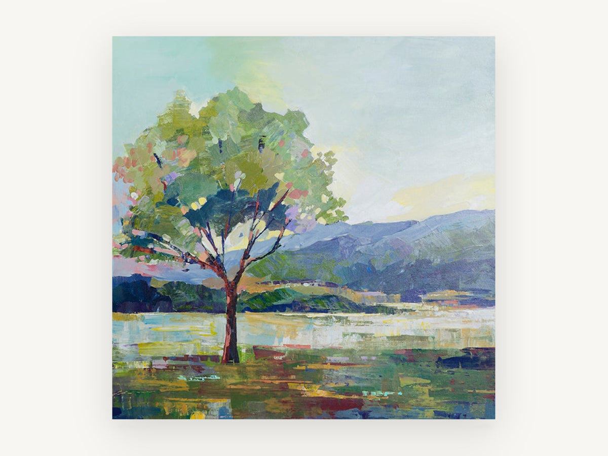 Lone Tree Lakeside, lone tree mountain lake painting, landscape canvas wall art print, front view