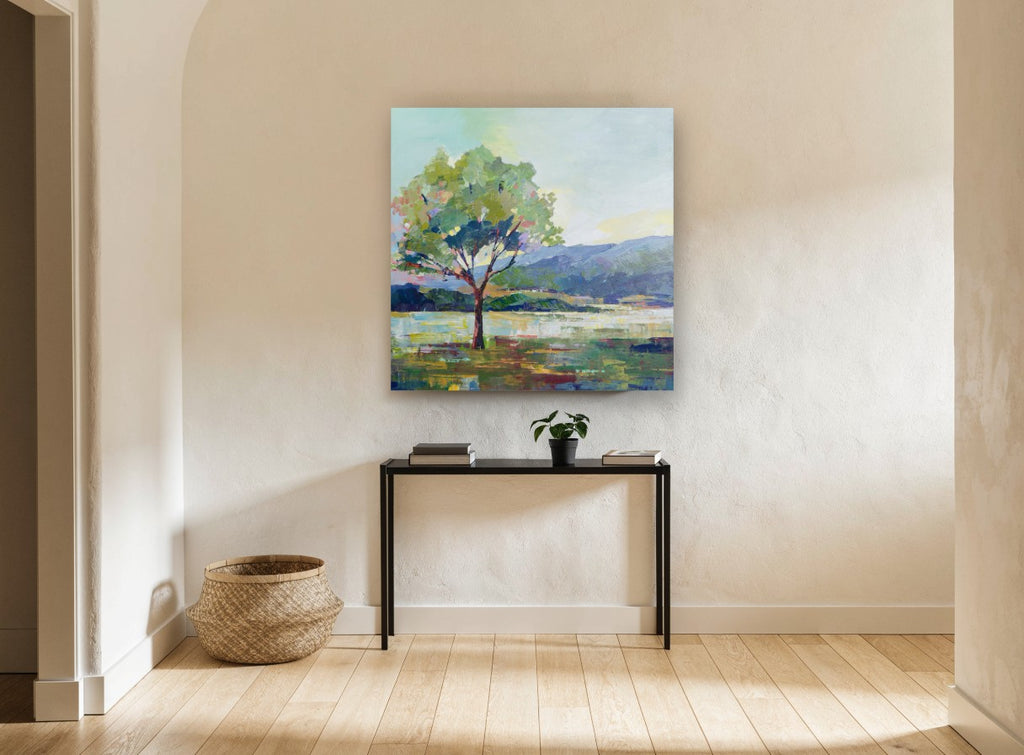 Lone Tree Lakeside landscape canvas print on the wall of a hallway