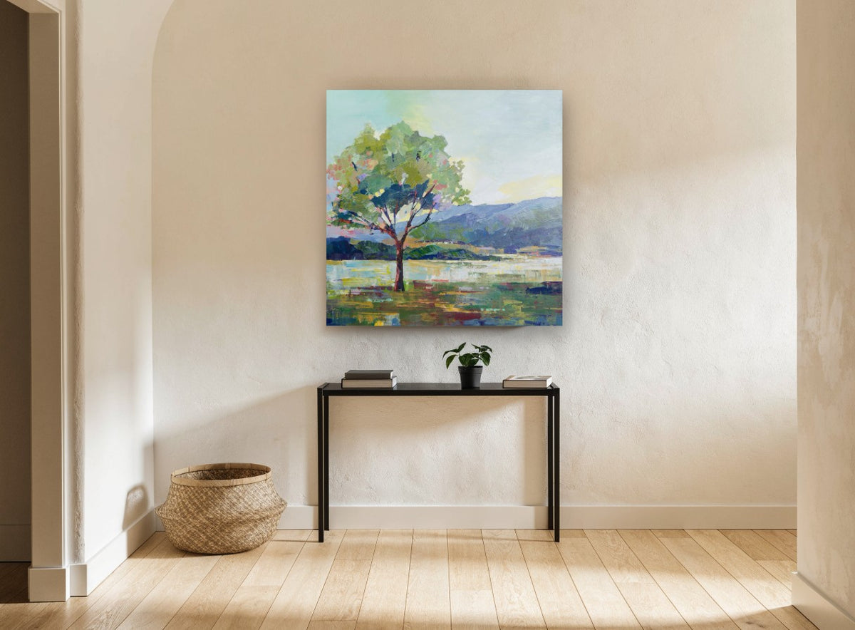 Lone Tree Lakeside landscape canvas print on the wall of a hallway