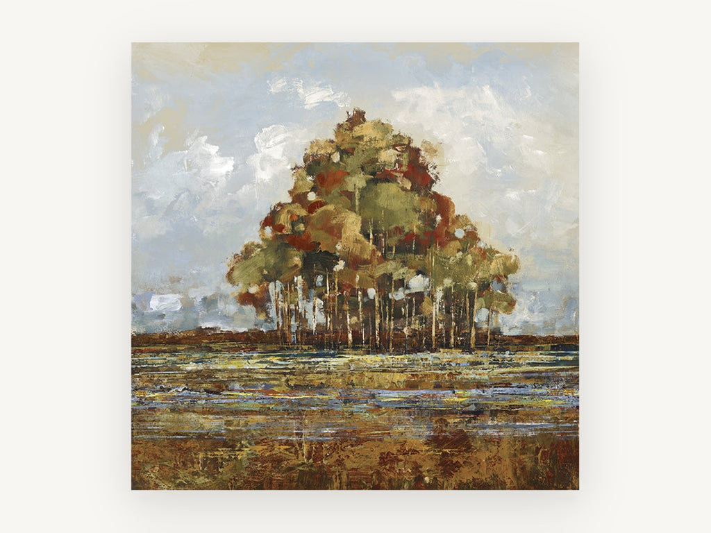 Russet Grove Reflections, autumn tree grove landscape painting, landscape canvas wall art print, front view