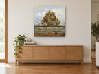 Russet Grove Reflections landscape canvas print on the wall of a living room above a sideboard