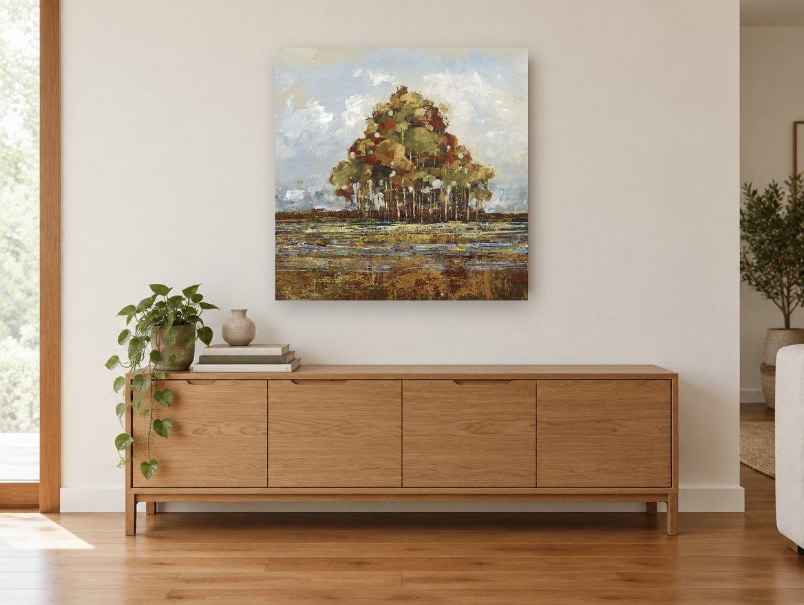 Russet Grove Reflections landscape canvas print on the wall of a living room above a sideboard