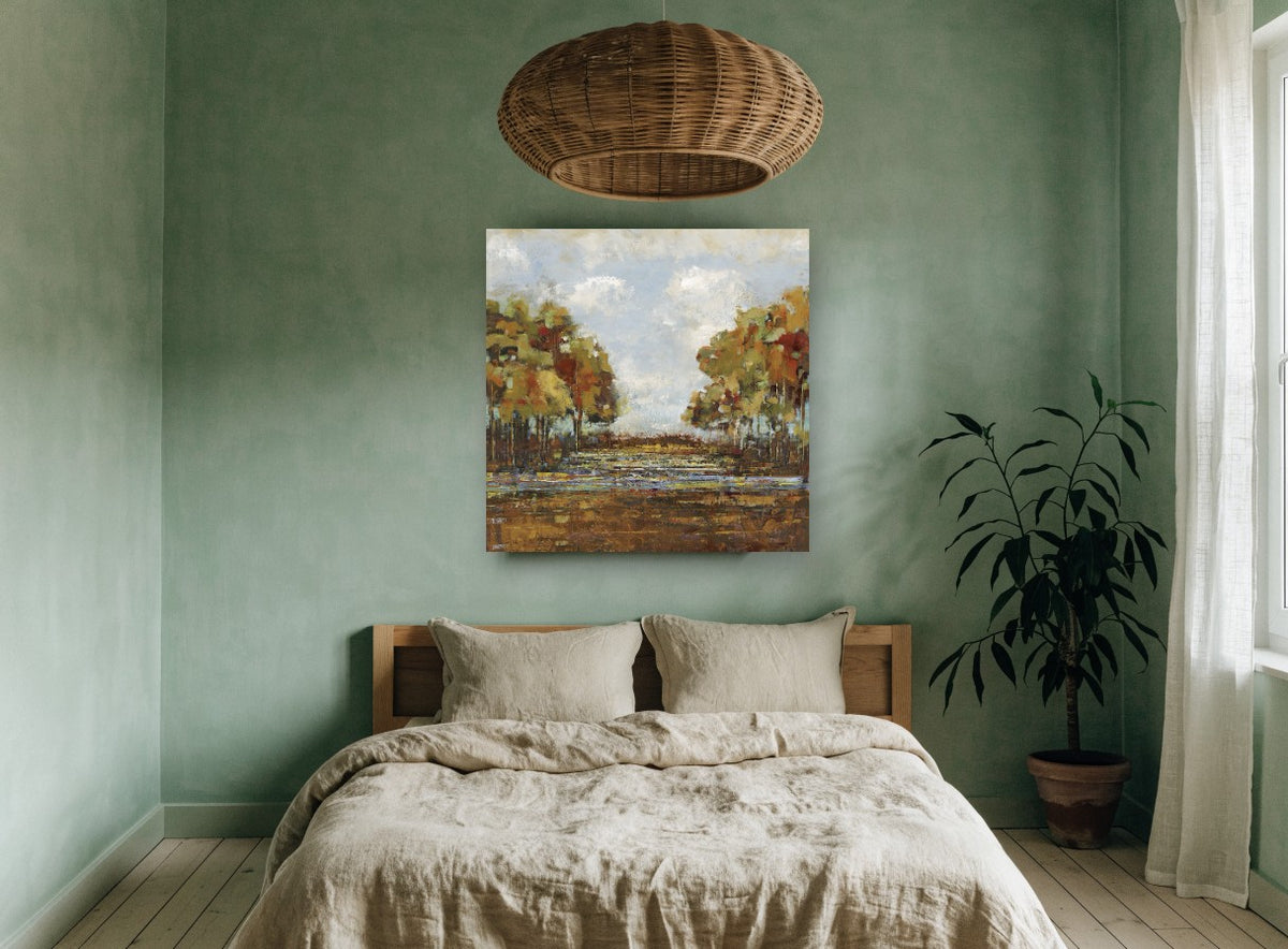 Autumn Creek Clearing landscape canvas print on the wall of a bedroom