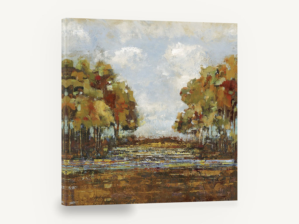 Autumn Creek Clearing, autumn trees creek abstract landscape, landscape canvas wall art print ready to hang