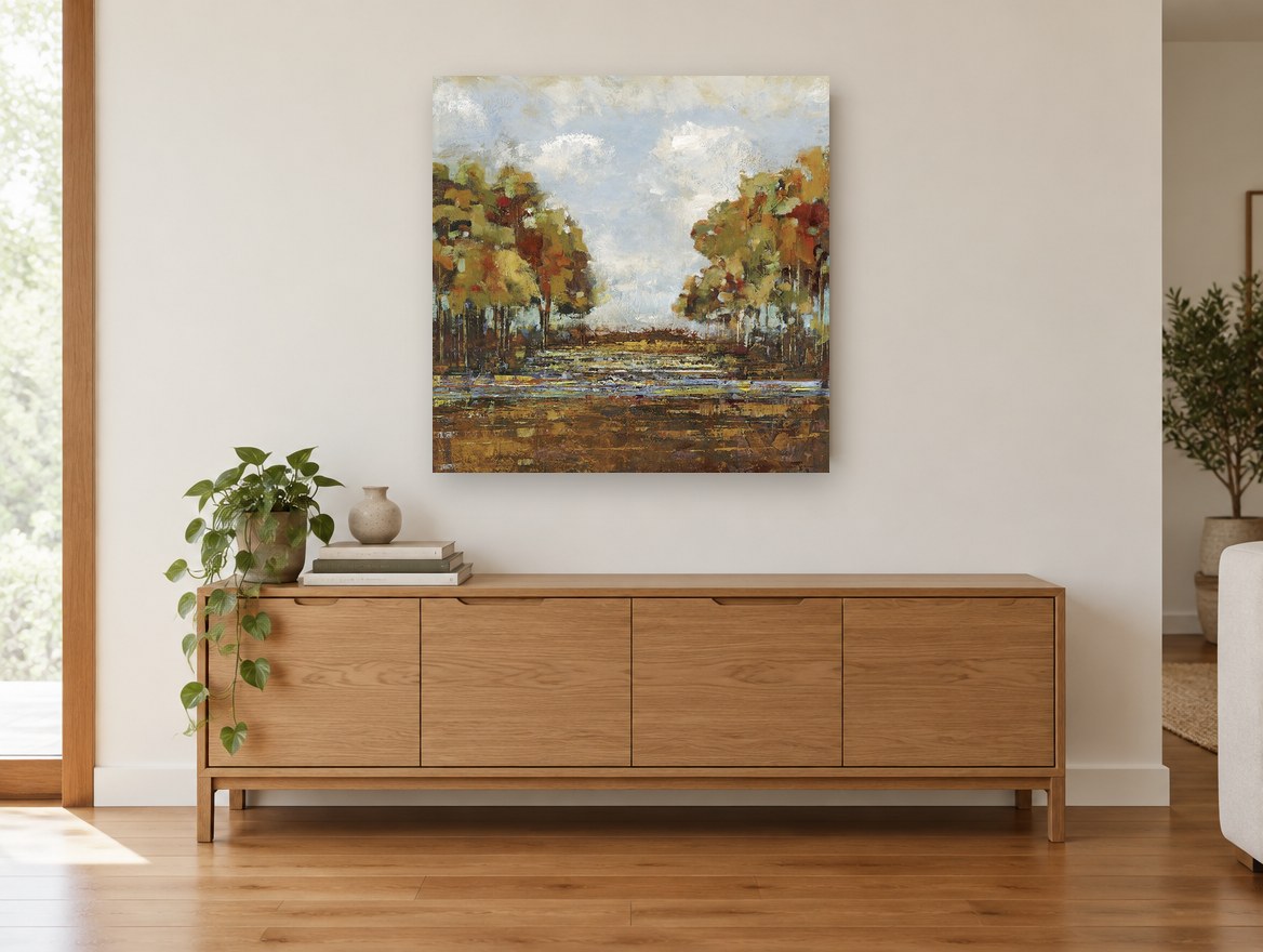 Autumn Creek Clearing landscape canvas print on the wall of a living room above a sideboard