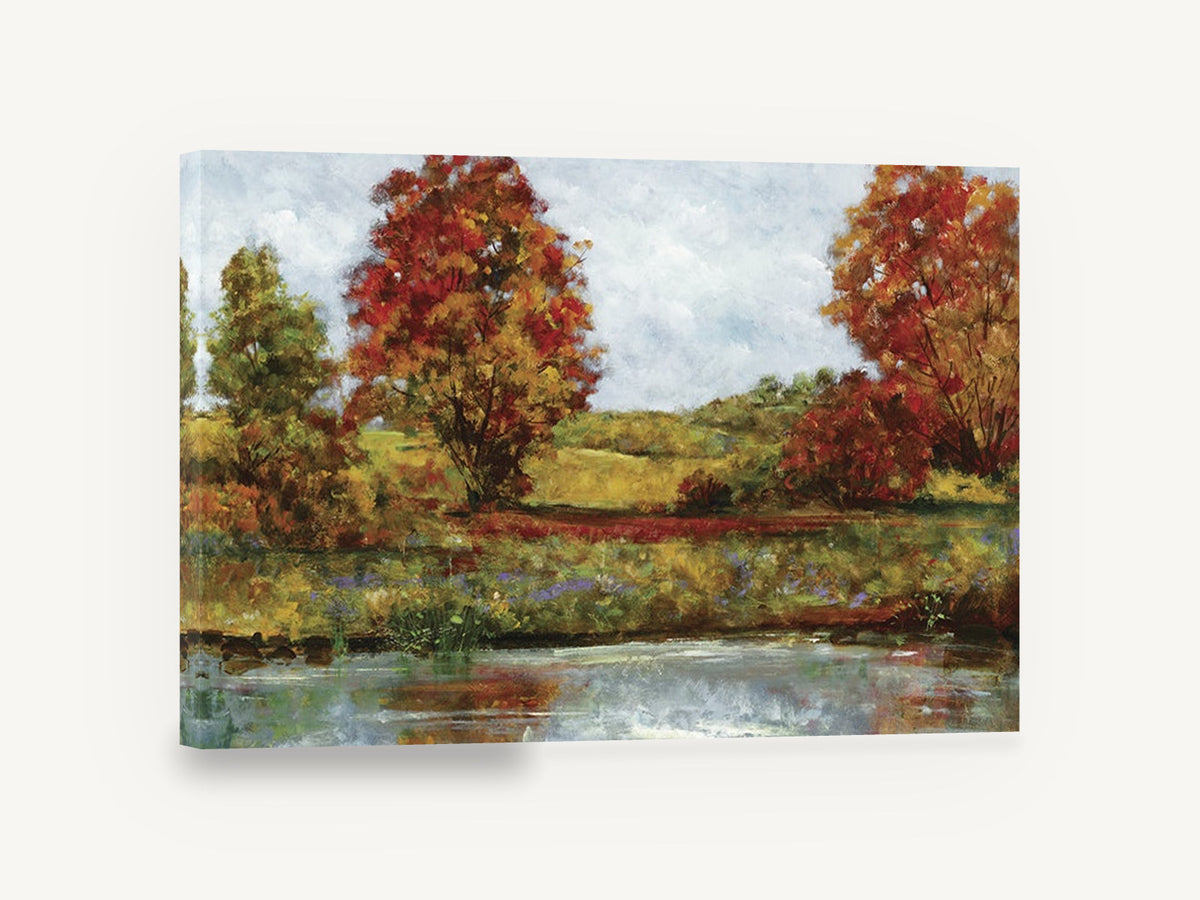 Autumn Pond Edge, autumn trees pond landscape painting, floral canvas wall art print ready to hang