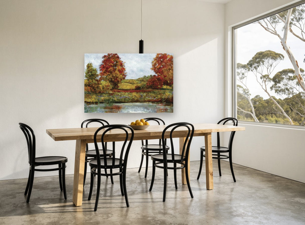 Autumn Pond Edge floral canvas print on the wall of a dining room