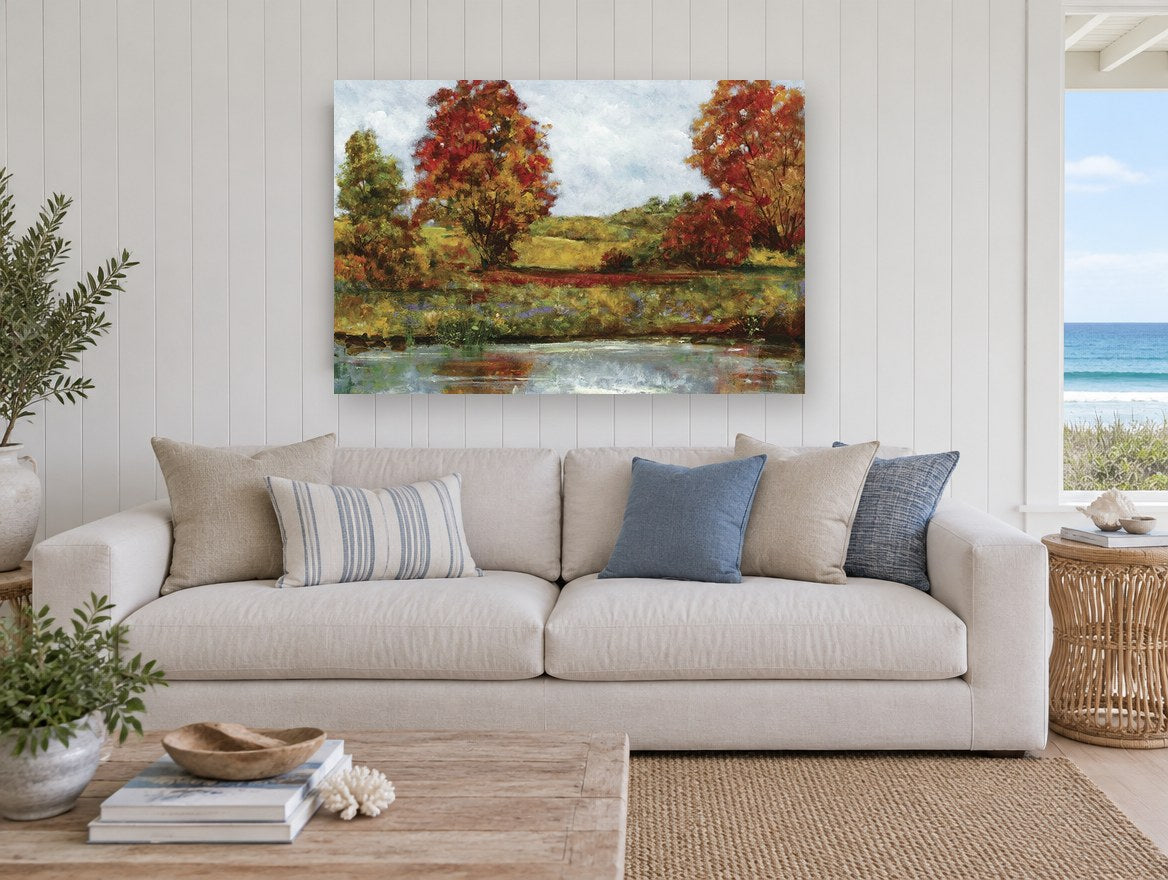 Autumn Pond Edge floral canvas print on the wall of a beach house living room