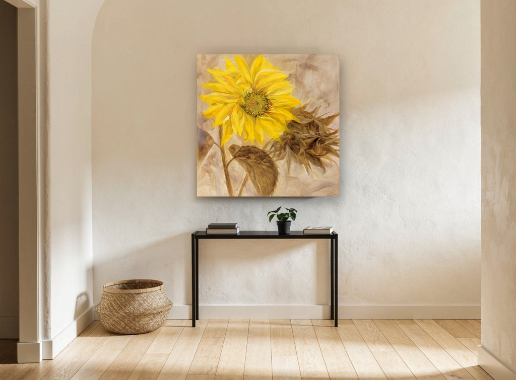 Golden Sunflower Study floral canvas print on the wall of a hallway