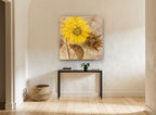 Golden Sunflower Study floral canvas print on the wall of a hallway