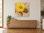 Golden Sunflower Study floral canvas print on the wall of a living room above a sideboard