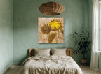 Turned Sunflower Bud floral canvas print on the wall of a bedroom