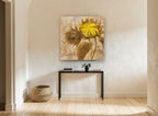 Turned Sunflower Bud floral canvas print on the wall of a hallway