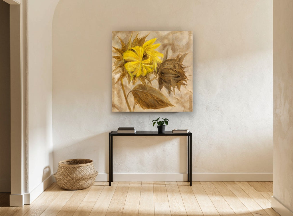 Turning Sunflower Pair floral canvas print on the wall of a hallway