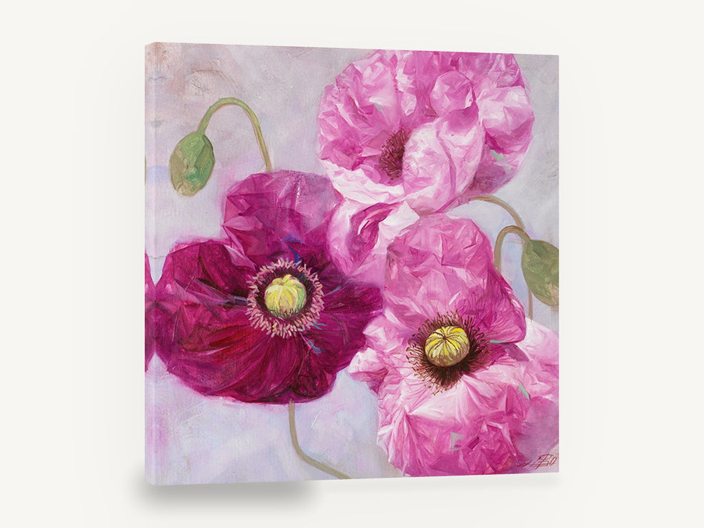 Magenta Poppy Trio, pink magenta poppies floral painting, floral canvas wall art print ready to hang