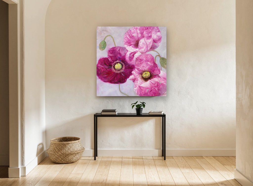 Magenta Poppy Trio floral canvas print on the wall of a hallway