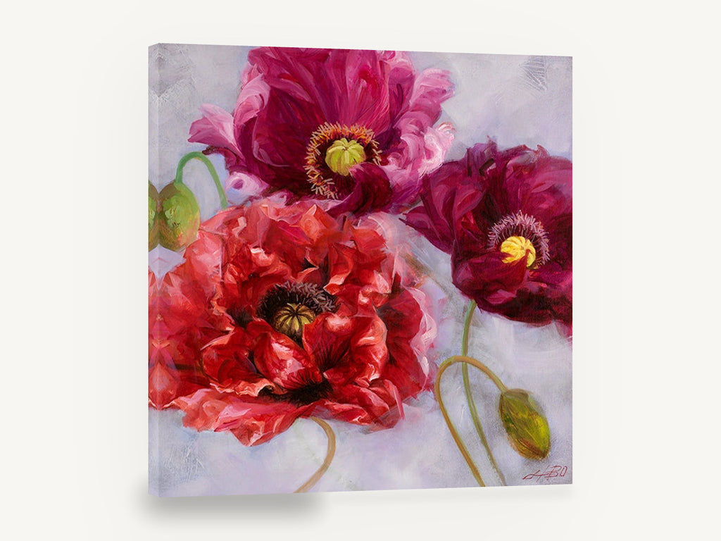 Crimson Poppy Trio, red and magenta poppies floral painting, floral canvas wall art print ready to hang
