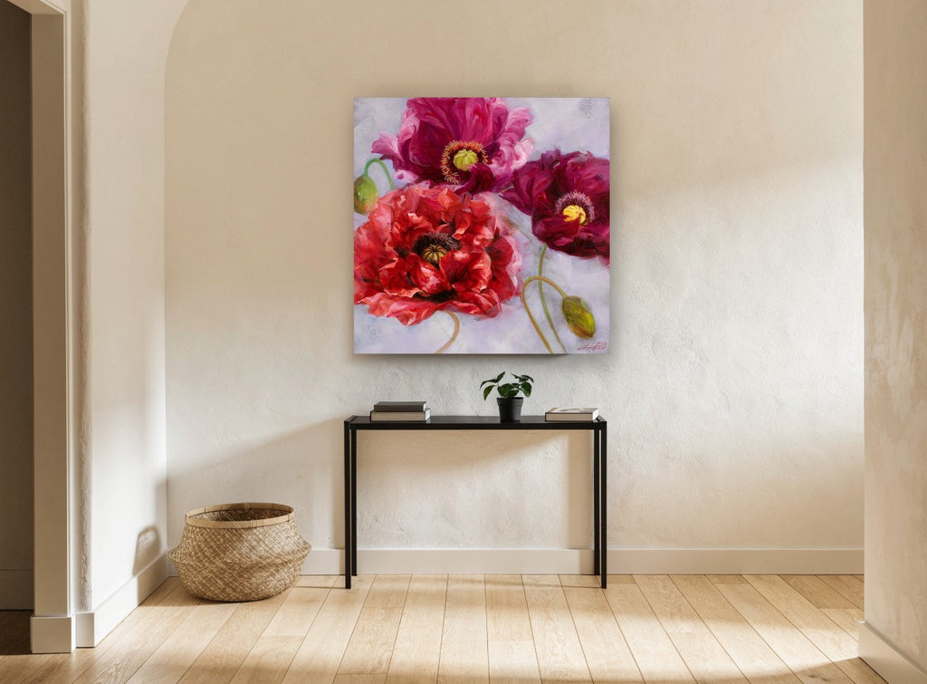 Crimson Poppy Trio floral canvas print on the wall of a hallway