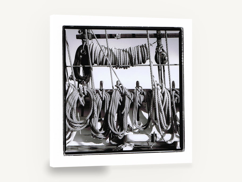 Coiled Rigging Lines, sailing ship ropes black and white, coastal canvas wall art print ready to hang