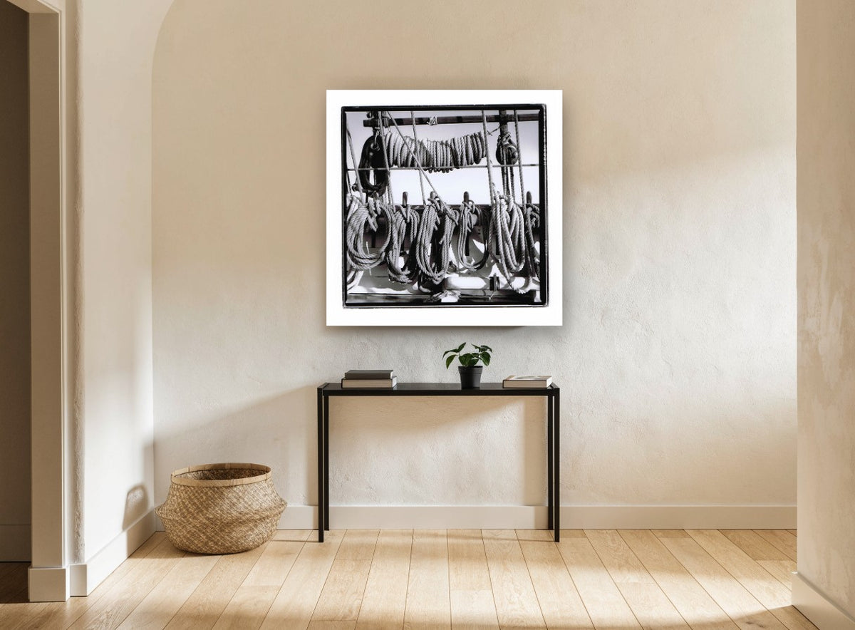 Coiled Rigging Lines coastal canvas print on the wall of a hallway