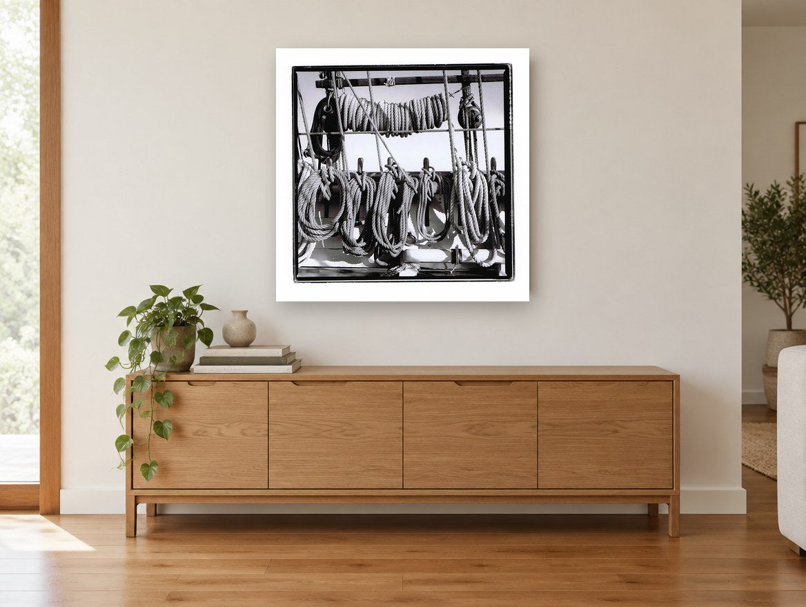 Coiled Rigging Lines coastal canvas print on the wall of a living room above a sideboard