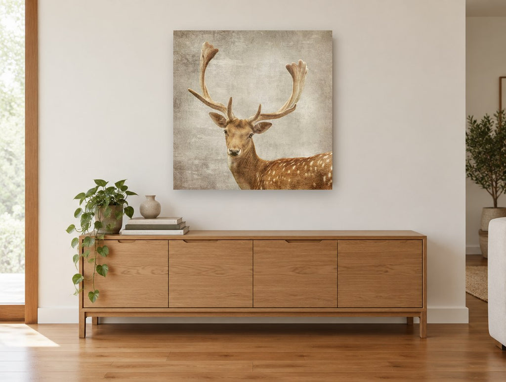 Fallow Buck Portrait animal canvas print on the wall of a living room above a sideboard