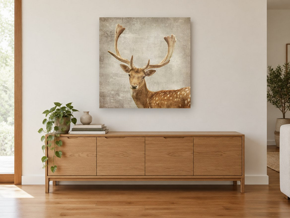 Fallow Buck Portrait animal canvas print on the wall of a living room above a sideboard