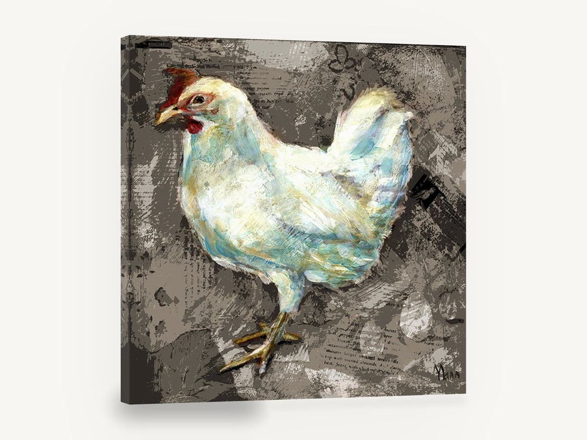 White Hen on Recipe Print, white hen mixed media illustration, animal canvas wall art print ready to hang