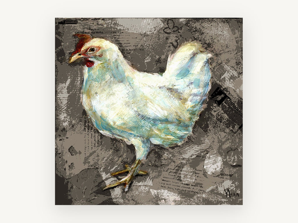 White Hen on Recipe Print, white hen mixed media illustration, animal canvas wall art print, front view