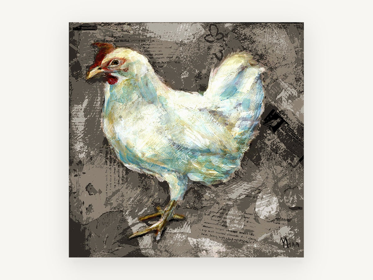 White Hen on Recipe Print, white hen mixed media illustration, animal canvas wall art print, front view