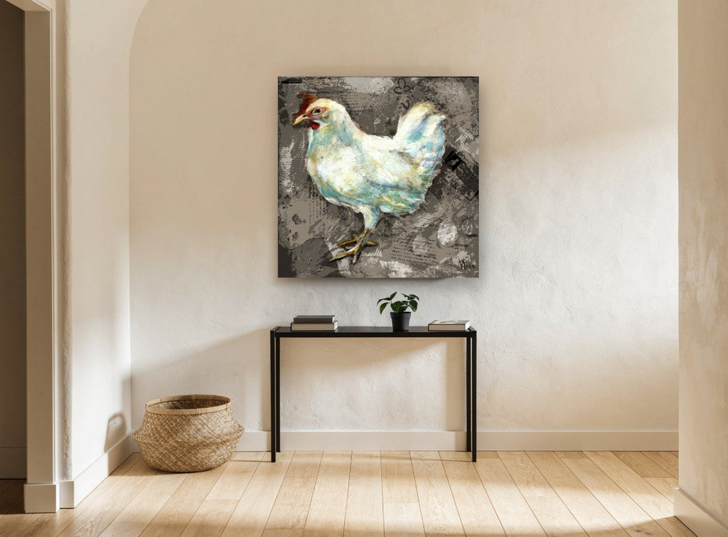 White Hen on Recipe Print animal canvas print on the wall of a hallway