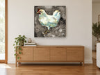 White Hen on Recipe Print animal canvas print on the wall of a living room above a sideboard