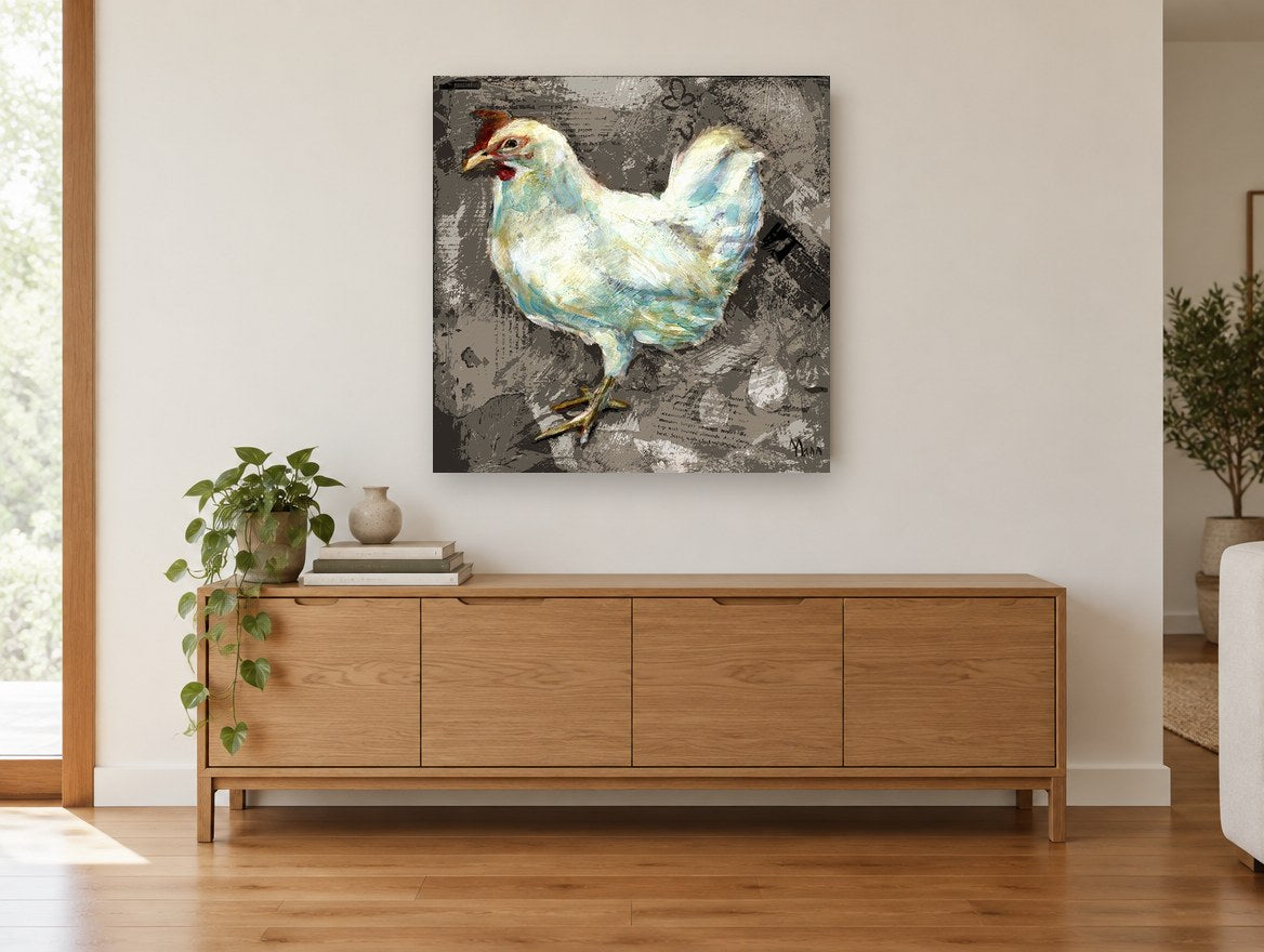 White Hen on Recipe Print animal canvas print on the wall of a living room above a sideboard