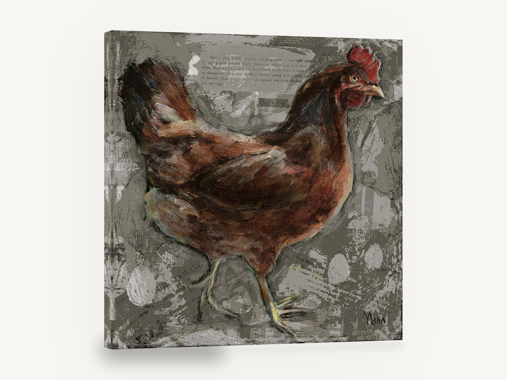 Rust Hen Recipe Page, brown hen mixed media illustration, animal canvas wall art print ready to hang
