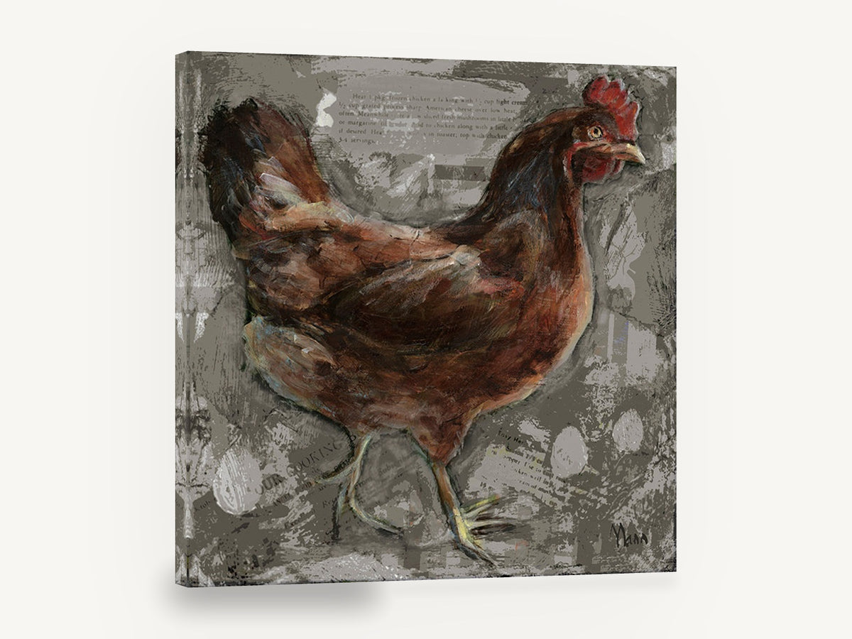 Rust Hen Recipe Page, brown hen mixed media illustration, animal canvas wall art print ready to hang