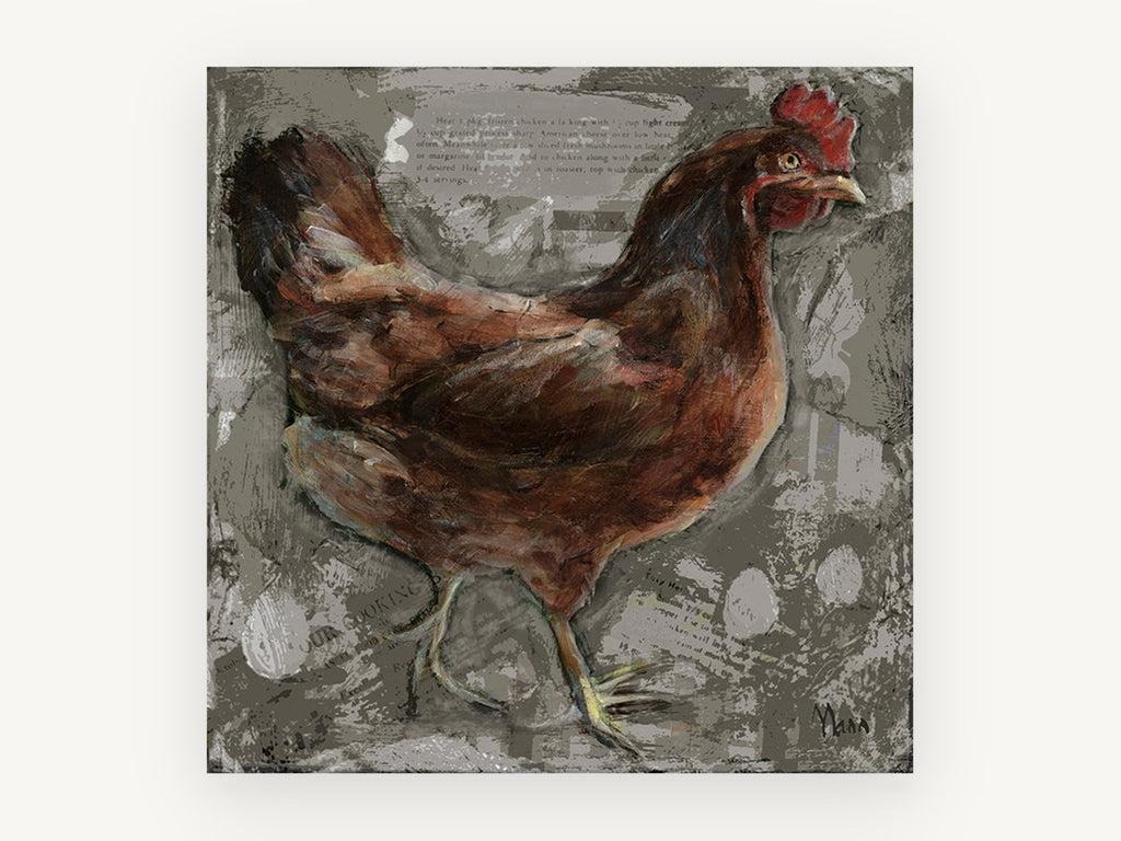 Rust Hen Recipe Page, brown hen mixed media illustration, animal canvas wall art print, front view
