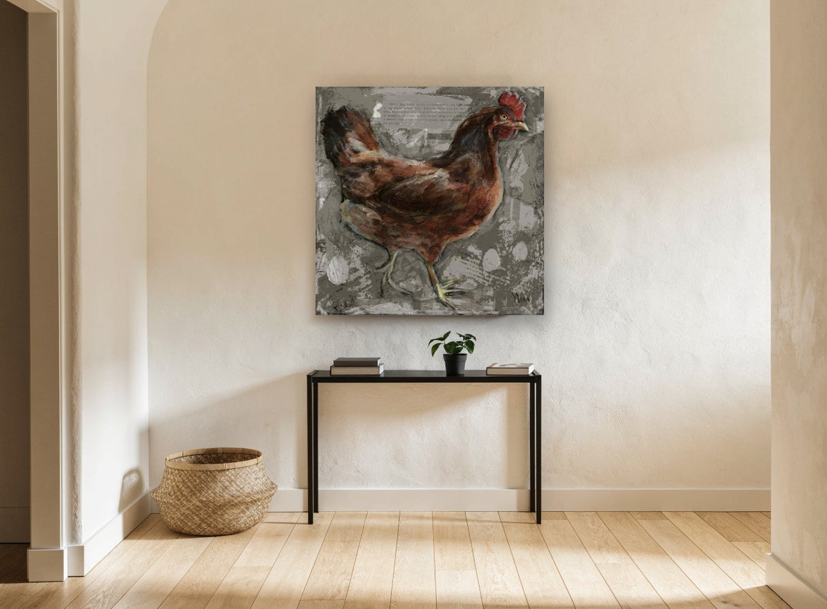 Rust Hen Recipe Page animal canvas print on the wall of a hallway