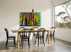 Stained Glass Forest floral canvas print on the wall of a dining room
