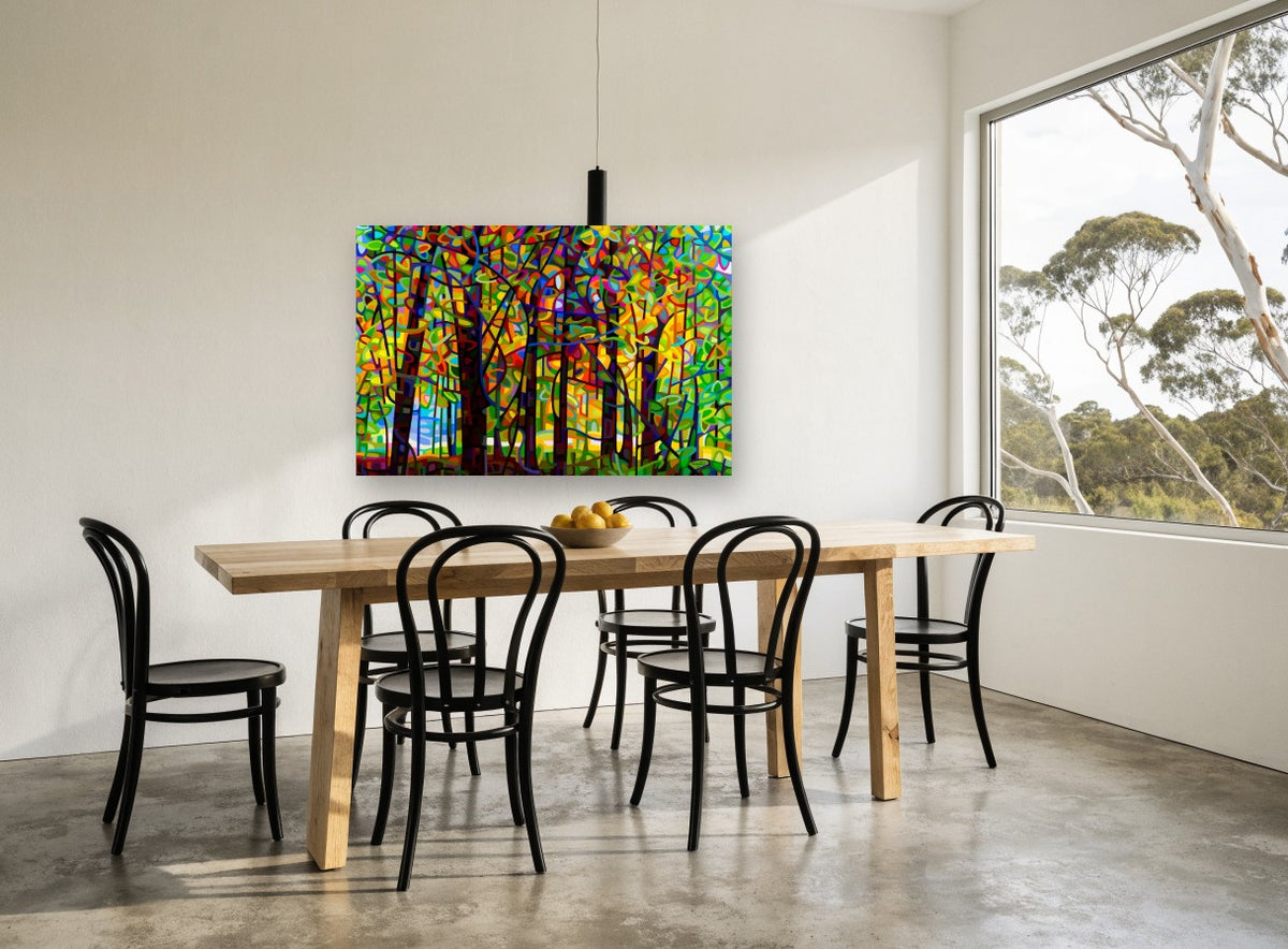 Stained Glass Forest floral canvas print on the wall of a dining room
