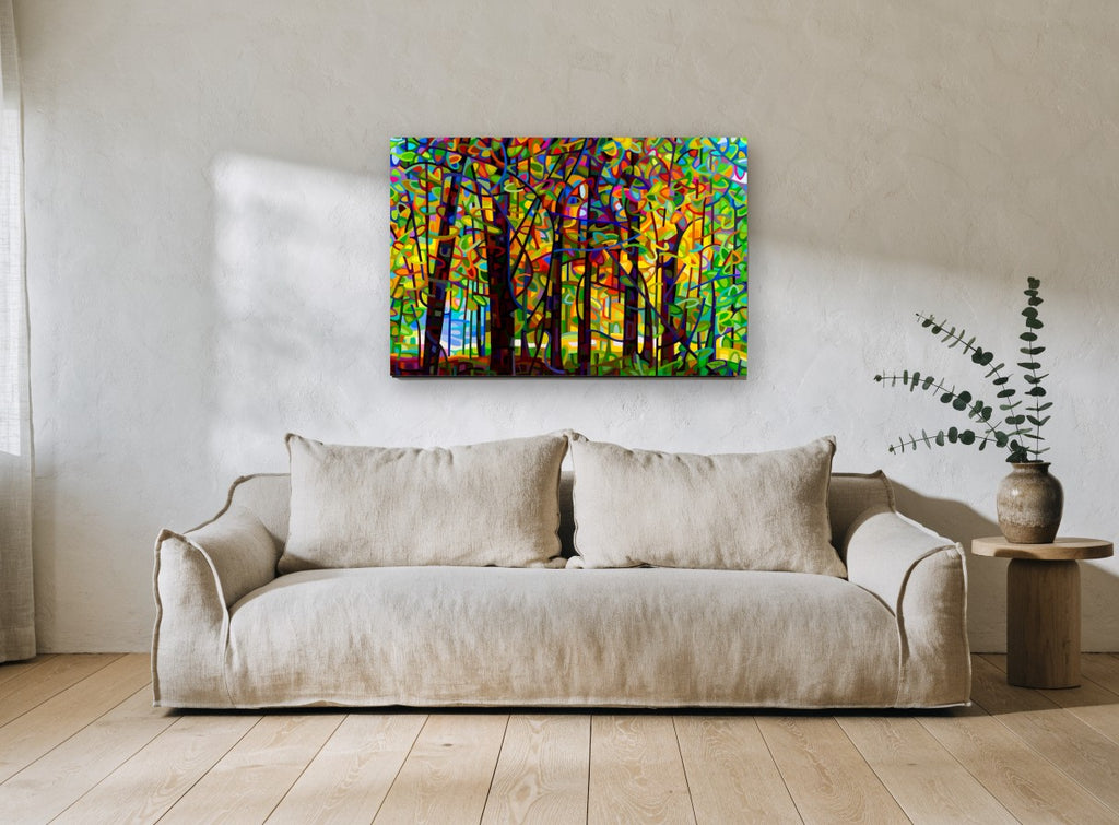 Stained Glass Forest floral canvas print on the wall of a living room
