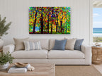 Stained Glass Forest floral canvas print on the wall of a beach house living room