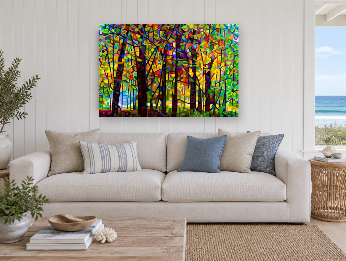 Stained Glass Forest floral canvas print on the wall of a beach house living room