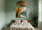 Autumn Tree Over Lake landscape canvas print on the wall of a bedroom