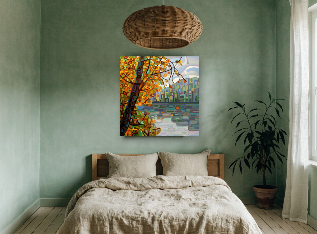 Autumn Tree Over Lake landscape canvas print on the wall of a bedroom