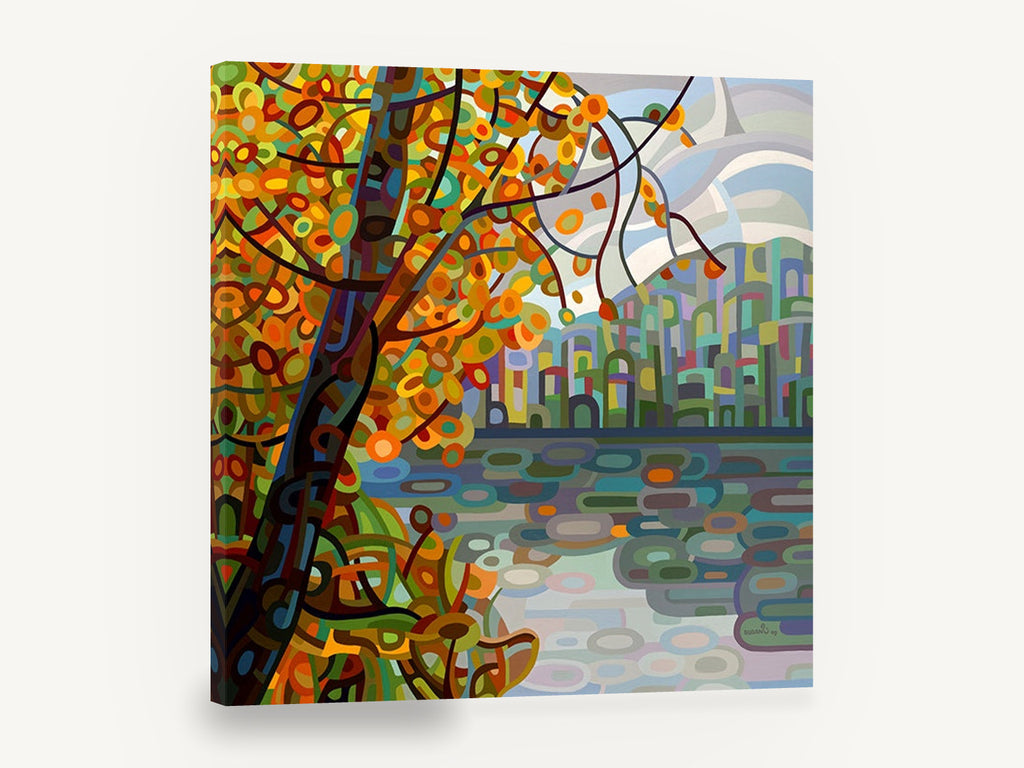 Autumn Tree Over Lake, abstract autumn tree lake reflection, landscape canvas wall art print ready to hang