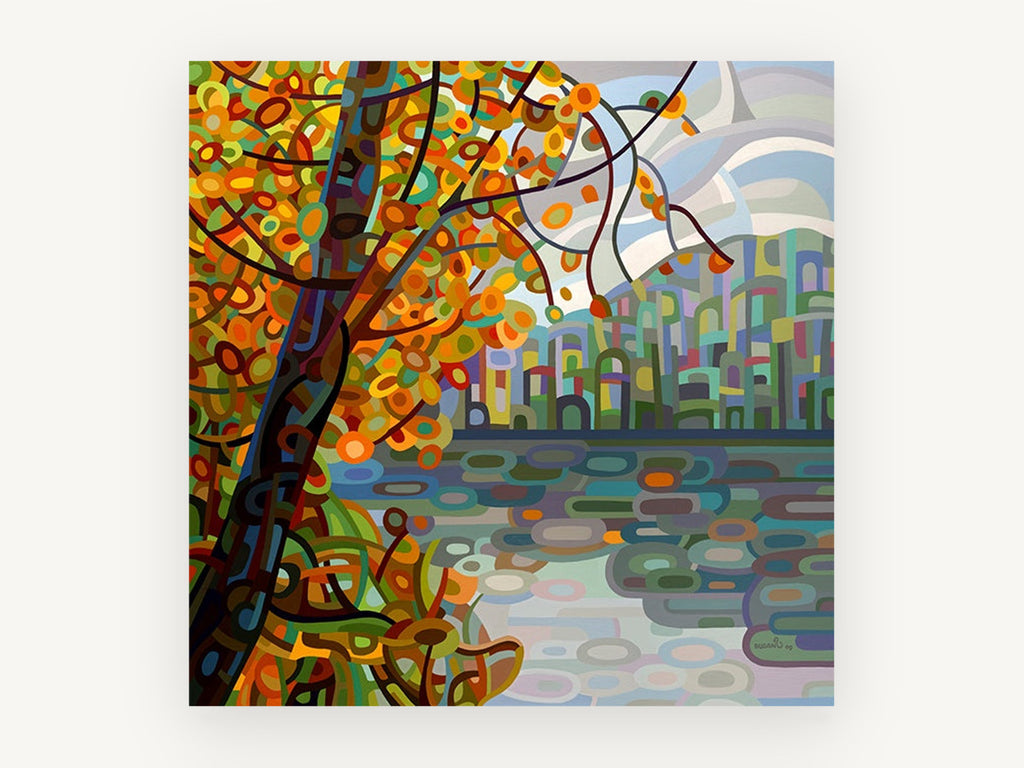 Autumn Tree Over Lake, abstract autumn tree lake reflection, landscape canvas wall art print, front view