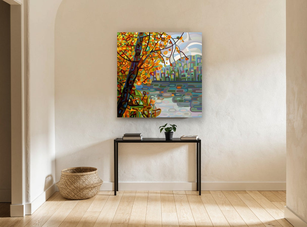 Autumn Tree Over Lake landscape canvas print on the wall of a hallway